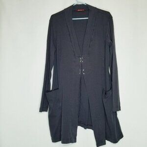 Barbara Lesser Long Cardigan sweater gray hook eye closure pockets kimono XL‎